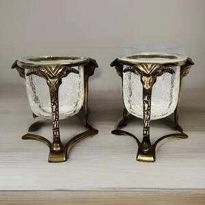 Vintage Brass Ram Votive Candle Holder Brass  Crackle Glass 4 ins. Tall 1970s